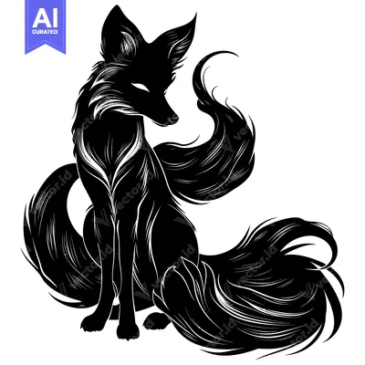 Aset desain premium: Black and White Silhouette of a Fox with a Long, Flowing Tail