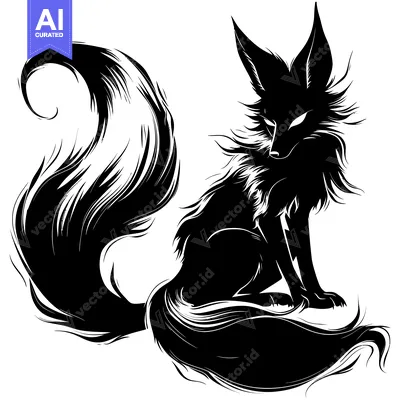 Aset desain premium: Black and White Silhouette of a Sitting Fox with a Large Fluffy Tail