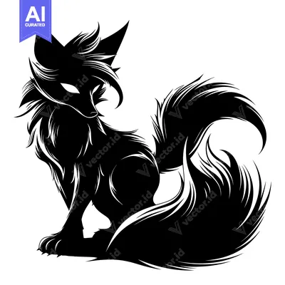 Aset desain premium: Black and White Silhouette of a Sitting Fox with a Fluffy Tail
