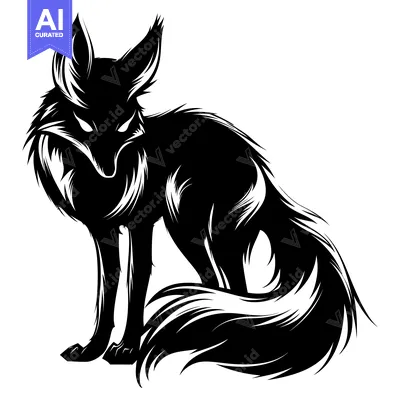 Aset desain premium: Black and White Silhouette of a Sitting Fox with a Long, Bushy Tail