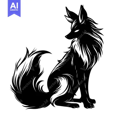 Aset desain premium: Black and White Illustration of a Sitting Fox with a Fluffy Tail