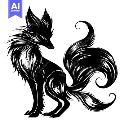 Black and White Silhouette of a Fox with a Swirling Tail