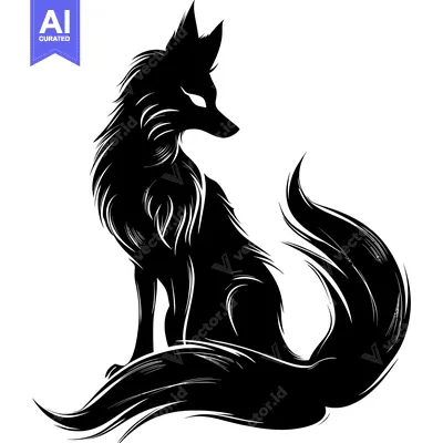Popular premium asset: Black and White Silhouette of a Sitting Fox with a Bushy Tail