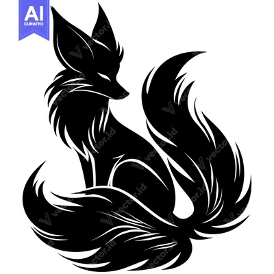 Aset desain premium: Black and White Silhouette of a Sitting Fox with a Fluffy Tail
