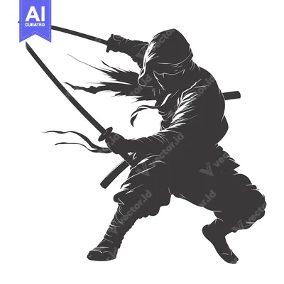 Aset desain premium: A hooded figure with a sword drawn, in a dynamic pose, possibly a ninj