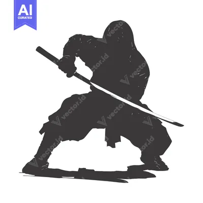 Aset desain premium: Silhouette of a ninja holding a katana sword in a fighting pose