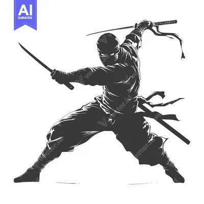 Aset desain premium: A Silhouette of a Ninja with Two Swords in a Fighting Stance