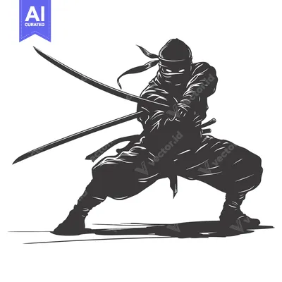 Premium design asset: A Silhouetted Ninja Holding Two Swords in a Fighting Stance