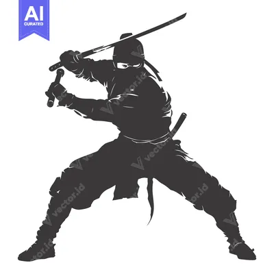 Aset desain premium: Silhouette of a Ninja Holding a Sword and Nunchaku