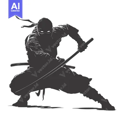Aset premium populer: A silhouette of a ninja with a katana in a fighting pose