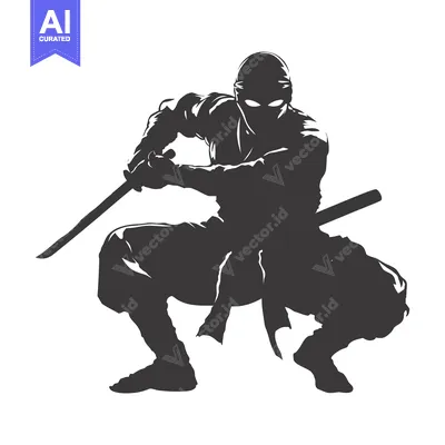 Aset desain premium: A Stealthy Ninja Silhouette in a Crouching Stance Holding a Sword