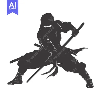 Aset desain premium: A Silhouette of a Ninja Holding a Sword in a Fighting Stance
