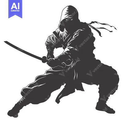 Aset desain premium: Silhouette of a Ninja Holding a Katana Sword in a Striking Pose