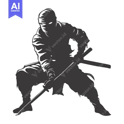 Aset desain premium: Silhouette of a Ninja Holding a Sword in a Fighting Stance