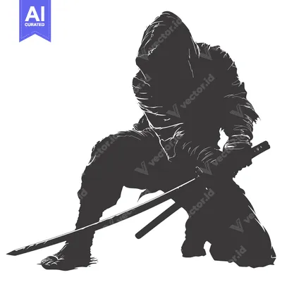 Premium design asset: Silhouette of a hooded figure kneeling with a katana sword