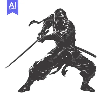Aset desain premium: Silhouette of a Ninja Holding a Sword in a Fighting Stance