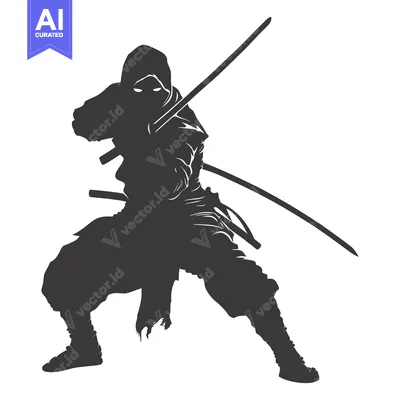 Aset desain premium: Silhouette of a Ninja Holding Two Swords