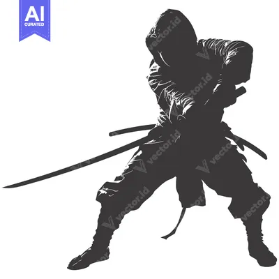 Aset desain premium: Silhouette of a hooded warrior holding a katana sword