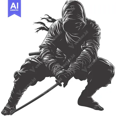 Aset desain premium: A Shadowy Ninja Figure with a Katana Sword