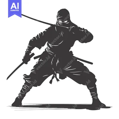Aset desain premium: Silhouetted Ninja with Two Swords in Fighting Stance