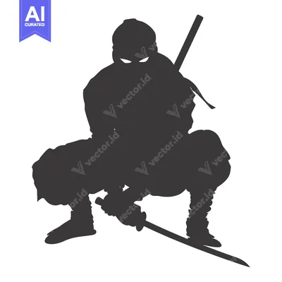 Aset desain premium: Silhouette of a crouching ninja with a sword