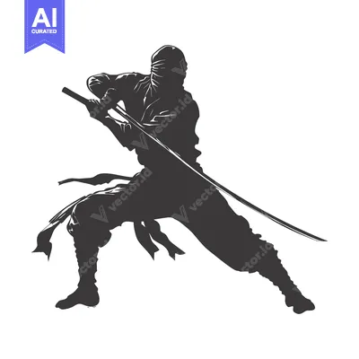 Aset desain premium: Silhouetted Ninja Holding a Sword in a Striking Pose