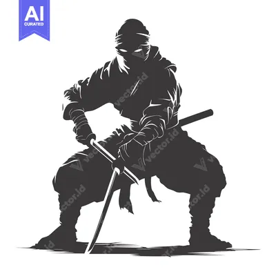 Aset premium populer: A Silhouetted Ninja Holding a Sword in a Fighting Stance