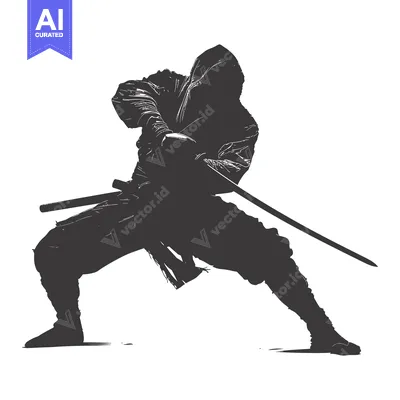 Aset desain premium: Silhouette of a Hooded Figure Wielding a Sword