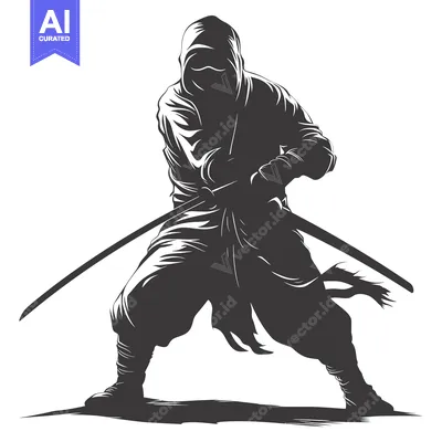 Aset desain premium: A Silhouetted Ninja Holding a Sword in a Fighting Stance