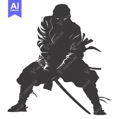 Aset desain premium: Silhouette of a Ninja Holding a Katana Sword