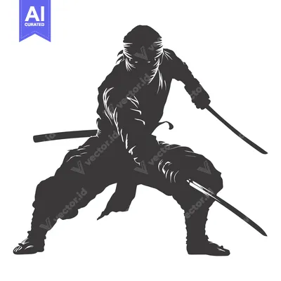 Aset desain premium: Silhouette of a ninja warrior holding two swords