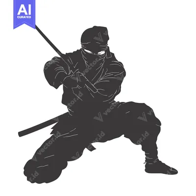 Aset premium populer: Silhouetted Ninja Holding a Sword in a Fighting Stance