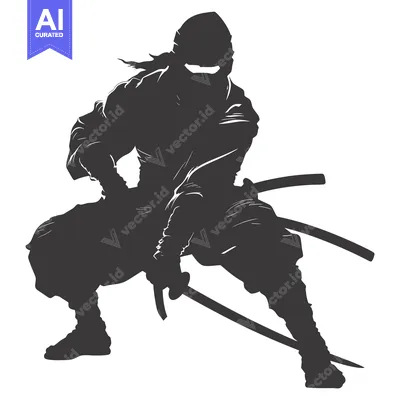 Aset desain premium: Silhouette of a Ninja with Two Swords in a Fighting Stance