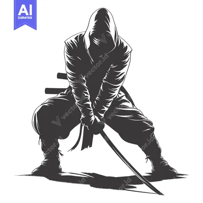 Aset desain premium: A Silhouetted Ninja Holding a Katana Sword in a Low Stance