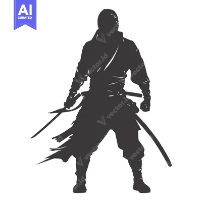 Aset desain premium: Silhouette of a Ninja Warrior Holding Two Swords