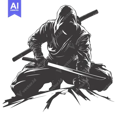 Aset desain premium: A hooded figure with a katana drawn in a crouching position, against a