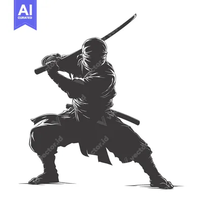 Aset desain premium: Silhouetted Ninja Warrior Holding a Sword in a Fighting Stance