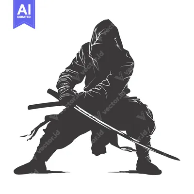 Premium design asset: Silhouetted Ninja Figure Holding a Katana Sword
