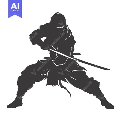 Aset desain premium: Silhouette of a Ninja Holding a Sword in a Fighting Stance