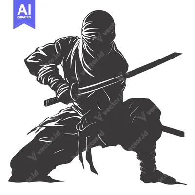 Aset desain premium: Silhouetted Ninja with Katana Sword in Combat Stance