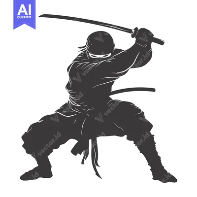 Aset desain premium: A Silhouette of a Ninja in a Fighting Stance Holding a Sword