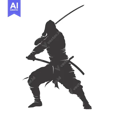 Aset desain premium: Silhouette of a Ninja Holding a Sword in a Fighting Stance