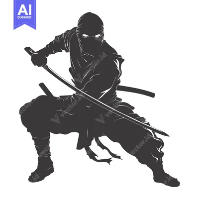 Aset desain premium: A Silhouetted Ninja Holding a Sword in a Striking Pose