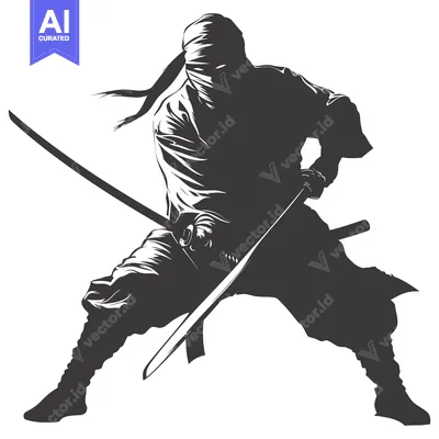 Aset desain premium: A Silhouetted Ninja Holding a Katana in a Fighting Stance