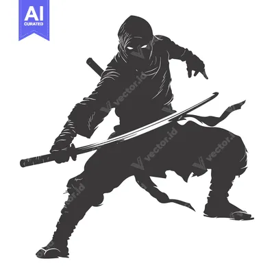 Aset desain premium: Silhouetted Ninja Warrior with Katana Sword