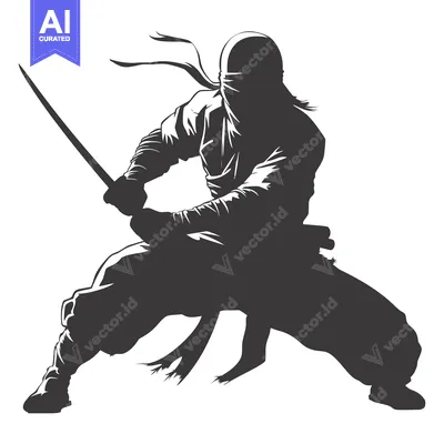 Premium design asset: Silhouetted Ninja Figure Holding a Sword in a Fighting Stance