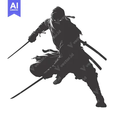 Aset desain premium: A Silhouetted Ninja Warrior Holding Two Swords