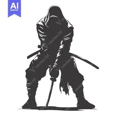 Aset desain premium: A Silhouette of a Ninja Holding a Katana Sword
