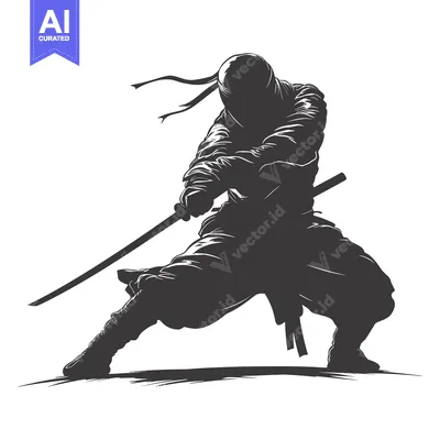 Aset desain premium: A Silhouetted Ninja Warrior Holding a Katana Sword
