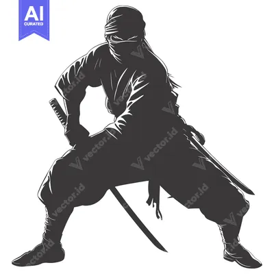 Aset desain premium: Silhouetted Ninja Warrior With Swords